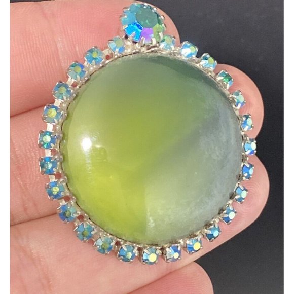 VTG Givre Art Glass AB Rhinestone Brooch Prong Set Green Yellow 2 Inches Silver - Picture 4 of 5
